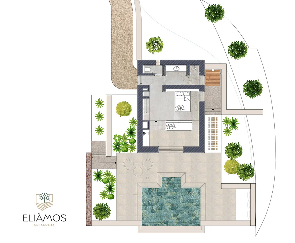 Floor plan of a one-bedroom villa with pool and garden areas at Eliamos in Kefalonia, Greece.