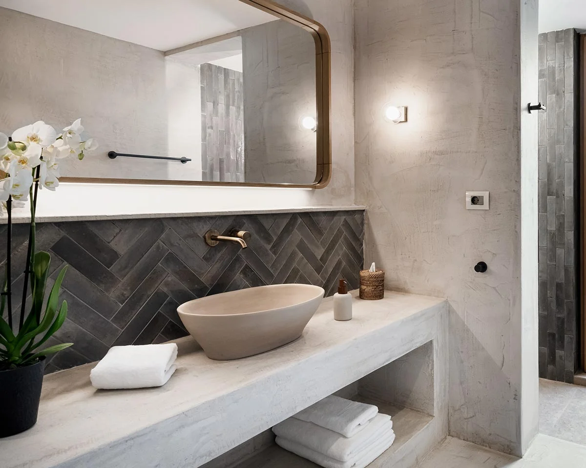 Elegant bathroom with large mirror, oval basin, and dark herringbone tile detail at Eliamos boutique resort Kefalonia.
