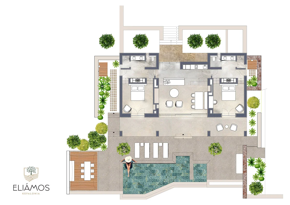 Villa floor plan of Eliamos in Kefalonia showing two bedrooms, lounge, pool area and garden.