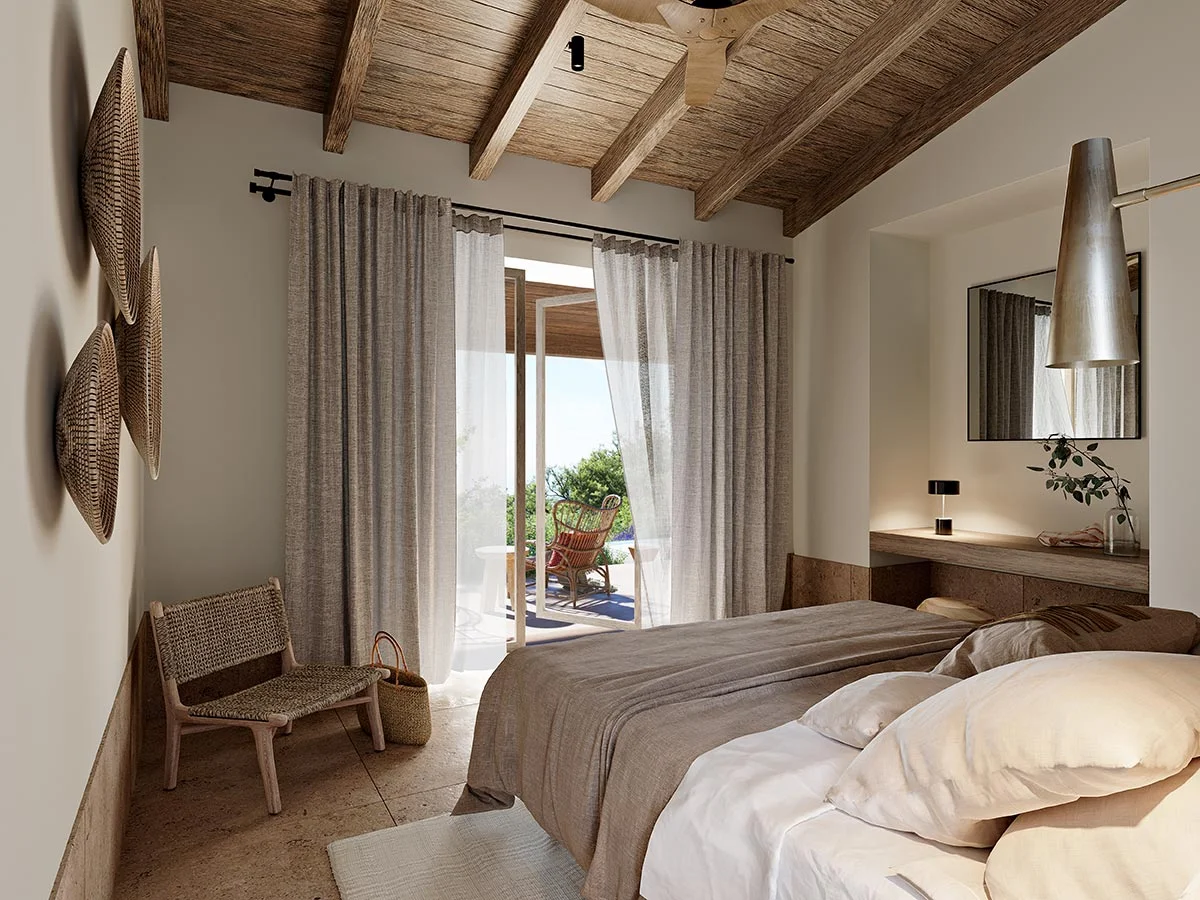 Bedroom with rustic decor, open terrace, and garden views at Eliamos in Kefalonia, Greece.