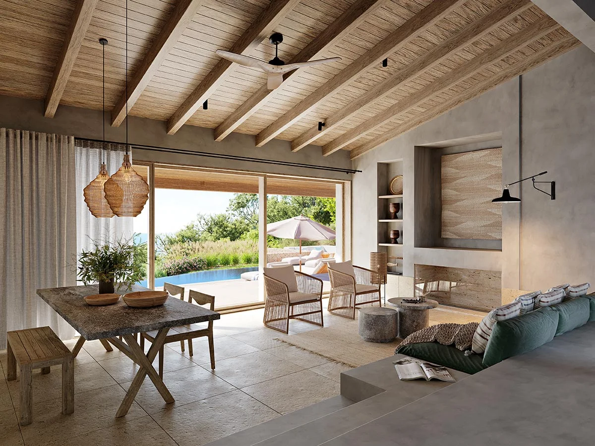 Open-plan Eliamos living room in Kefalonia with wooden ceiling, pool view, rustic decor and natural tones.